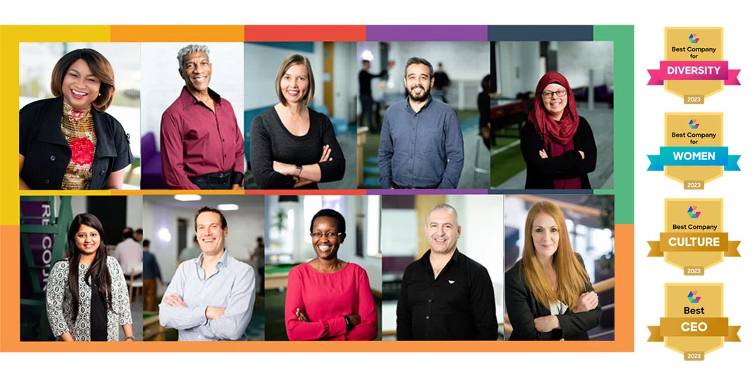 Banner featuring Elsevier employees and Comparably Award badges, including Best Company for Diversity