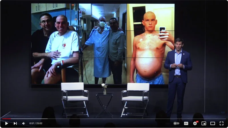 Video screenshot of Dr David Fajgenbaum telling his story at the 2023 STAT Breakthrough Summit