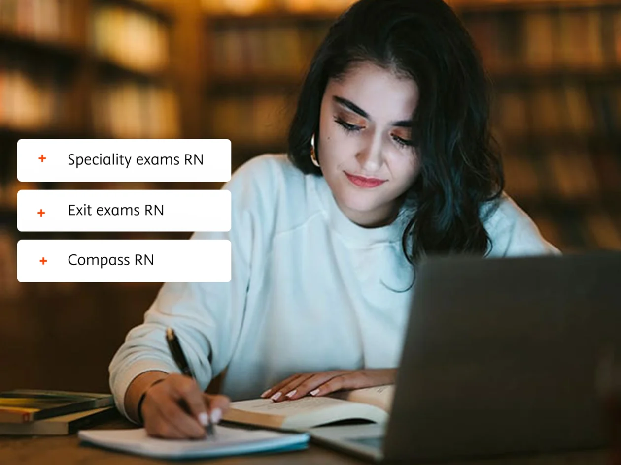 Young female studying for exam with overlay of HESI RN exam features