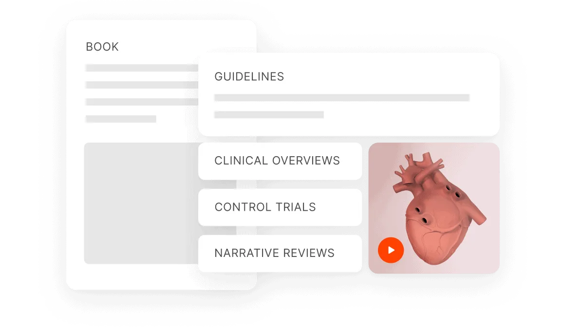 UI illustration showcasing book guidelines, clinical overviews, control trials and narrative reviews
